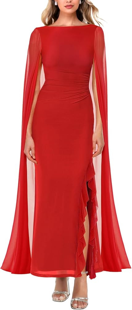 MAYFASEY Women's Sexy Elegant Long Sleeve High Split Mesh Ruched Formal Long Evening Party Maxi D... | Amazon (US)