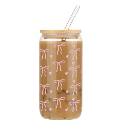 AUOIAJAS Pink Bow Cup, Pink Bow Print Drinking Glasses with Bamboo Lids and Glass Straws, Gifts for Pink Bow Lovers, 16oz Can Shaped Glass Cups, Soda Iced Coffee Beer Glasses | Amazon (US)