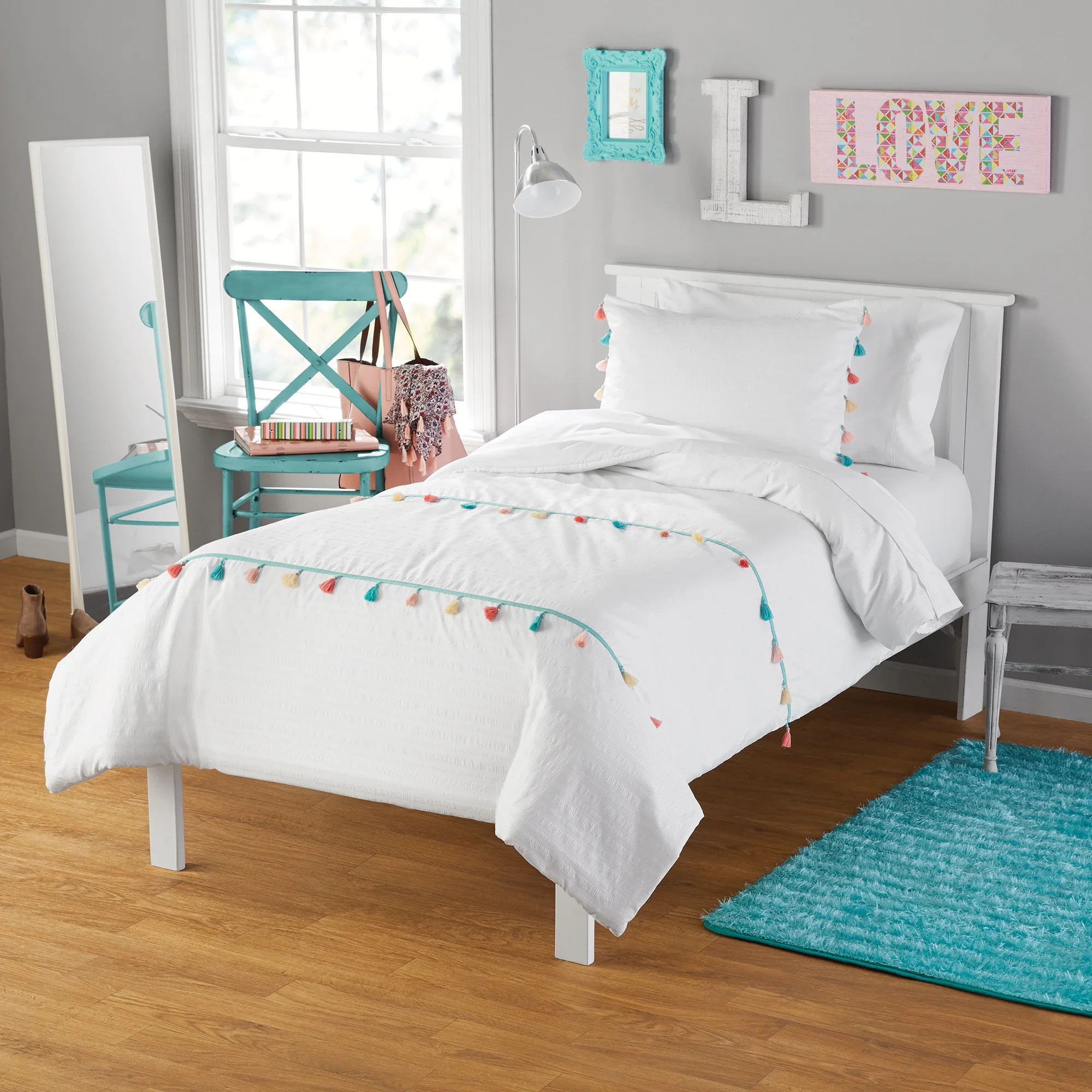 Your Zone Seersucker 2 Piece Comforter and Sham White Bedding Set with Tassels Twin/TXL | Walmart (US)