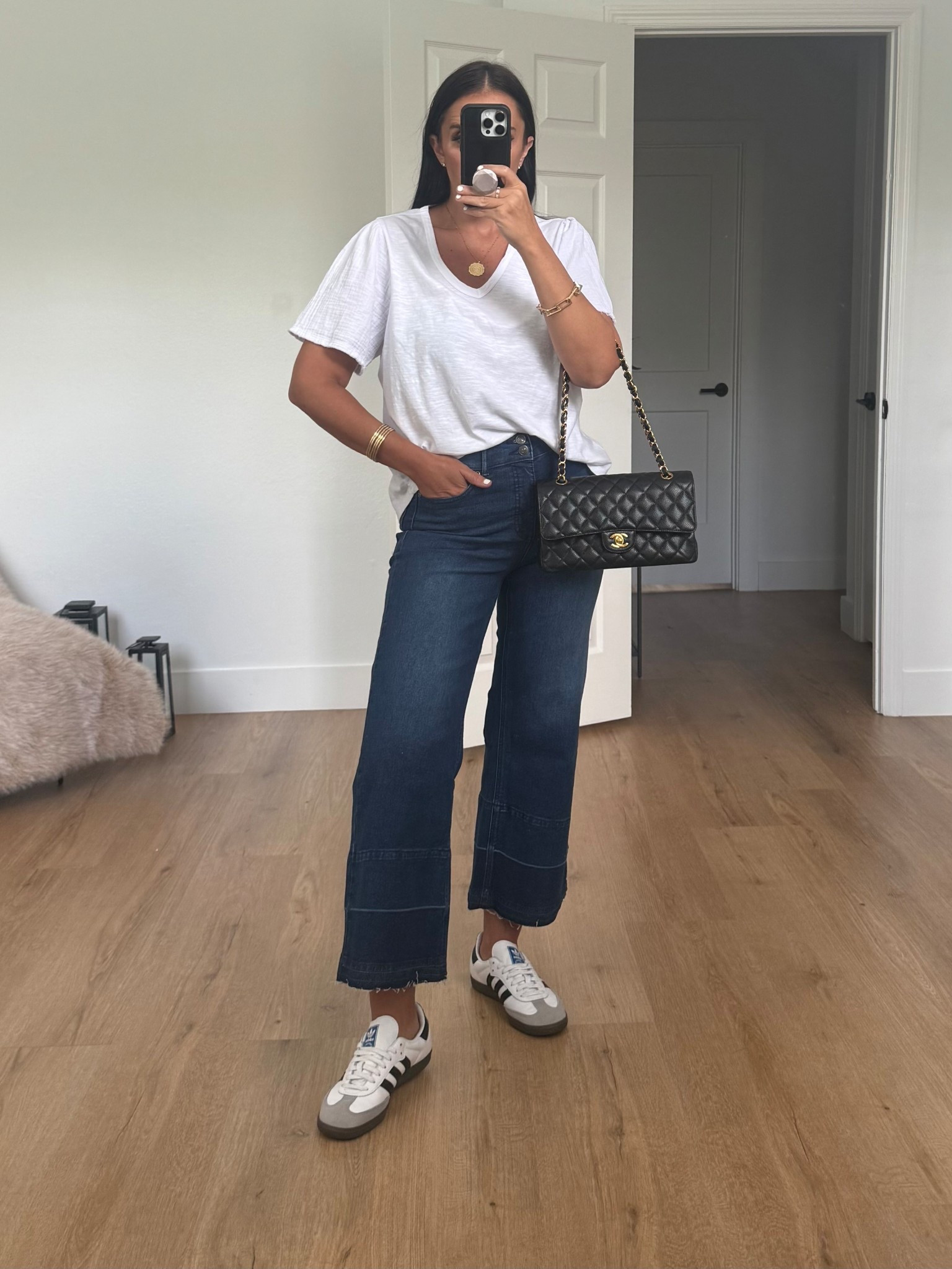 Walmart Finds. Time and Tru Women's Cotton Mixed Fabric V Neck Tee wearing size large only $9. Sofia by Sofia Vergara Women's Margot Wide Crop Super High Rise Jeans wearing size 4 only $26 Adidas Sambas. 