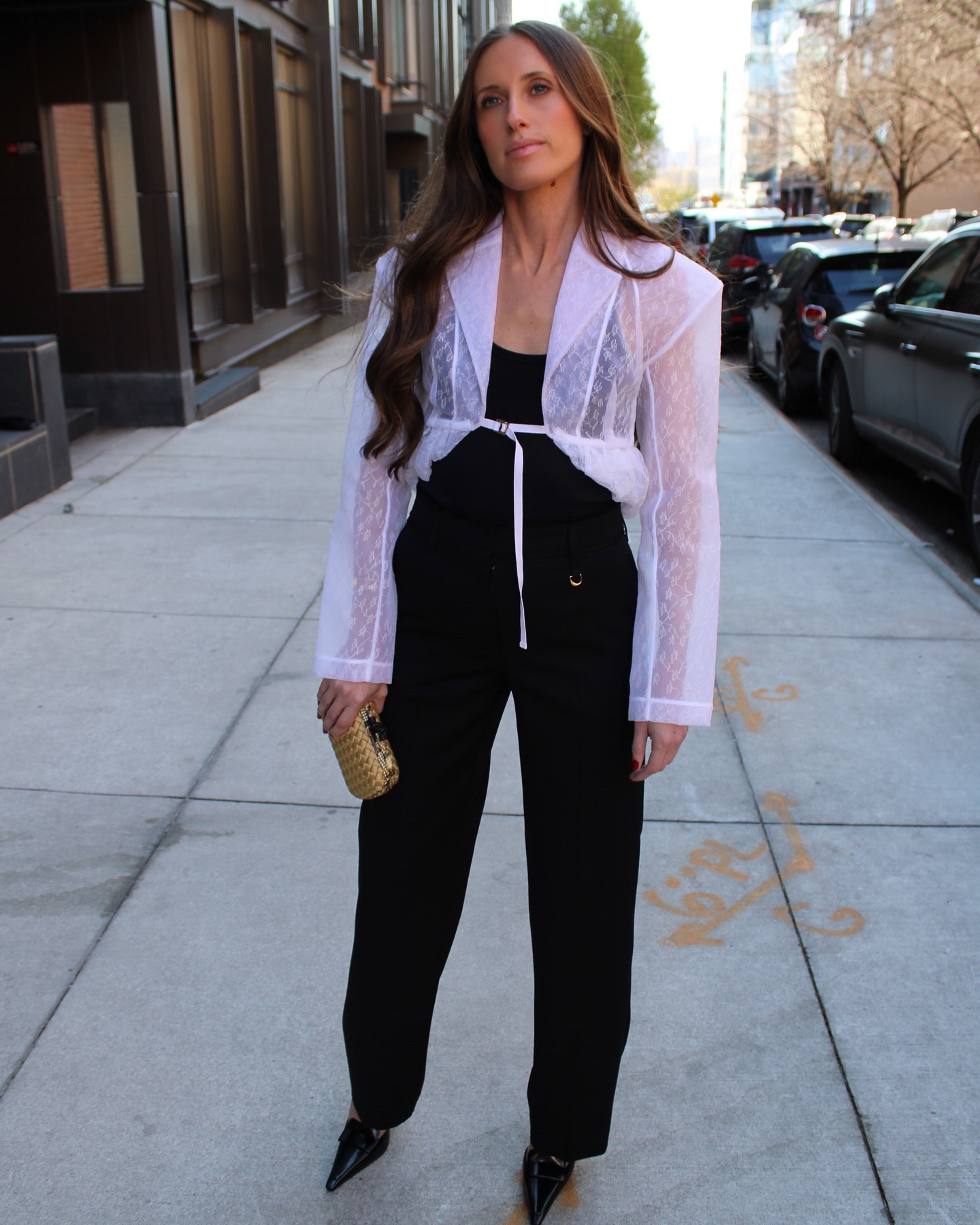 Ready for an end-of-week date night. Found this stunning sheer Jacquemus top and pants (the pants were under $300!) via @saksoff5th that I could not wait to style together. The monochromatic vibe really allows the detail of the top to stand out. #SaksOFF5thPartner