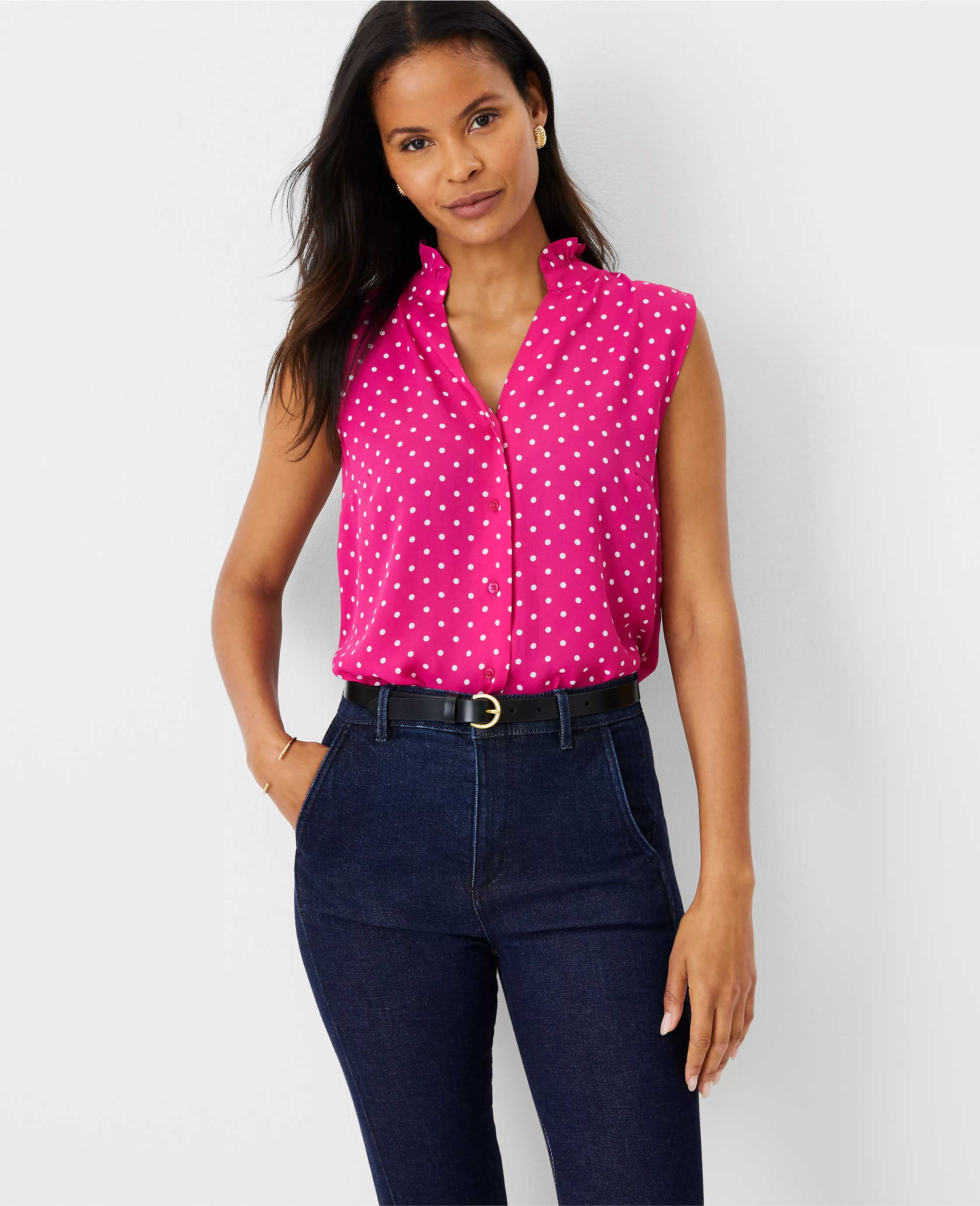 Dotted Ruffle Button Sleeveless Top | Ann Taylor (US)