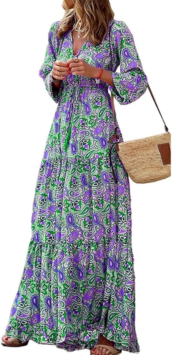 Women's Flowy Ruffle Boho Floral Long Dress Long Sleeve V Neck Button Down Beach Maxi Dresses | Amazon (US)