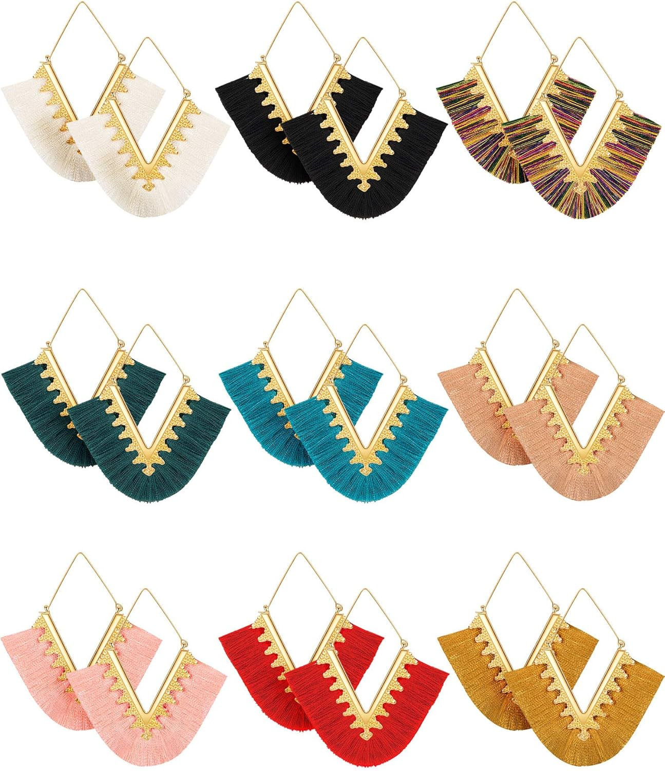 9 Pairs Tassel Statement Earrings Bohemian Fringe Silky Dangle Earrings V Shaped Handmade Geometr... | Amazon (US)
