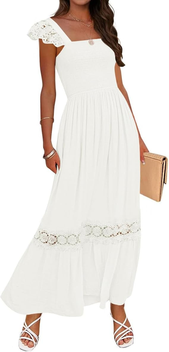 ZESICA Women's 2025 Summer Lace Strap Sleeveless Square Neck Smocked High Waist Ruffle Hollow Out... | Amazon (US)