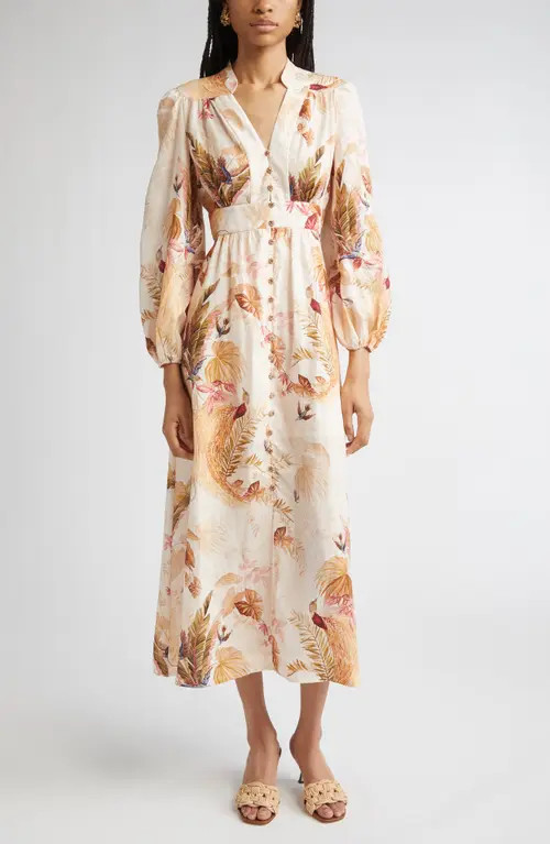 Zimmermann Ascension Print Linen Midi Dress in Cream Palm Floral at Nordstrom, Size 2 | Nordstrom