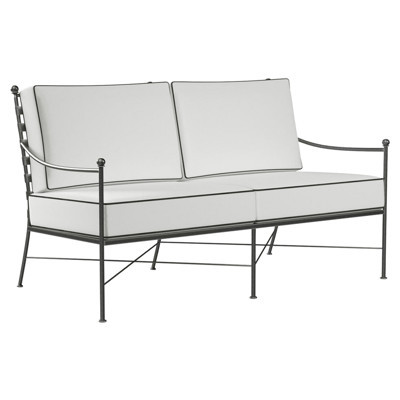 Sunset West Provence Cream Cushion Black Welt Metal Outdoor Loveseat | Kathy Kuo Home