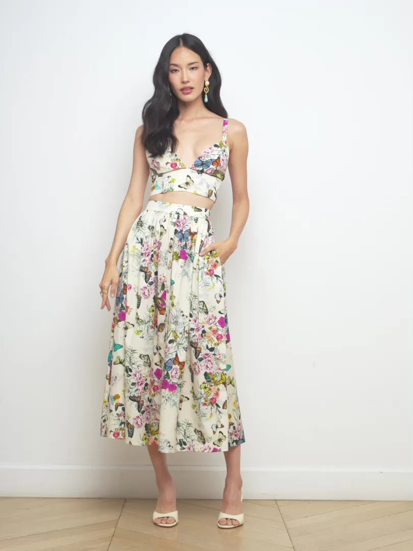 L'AGENCE - Seina Poplin Midi Skirt in Vintage White Multi Charonda Butterfly | L'Agence