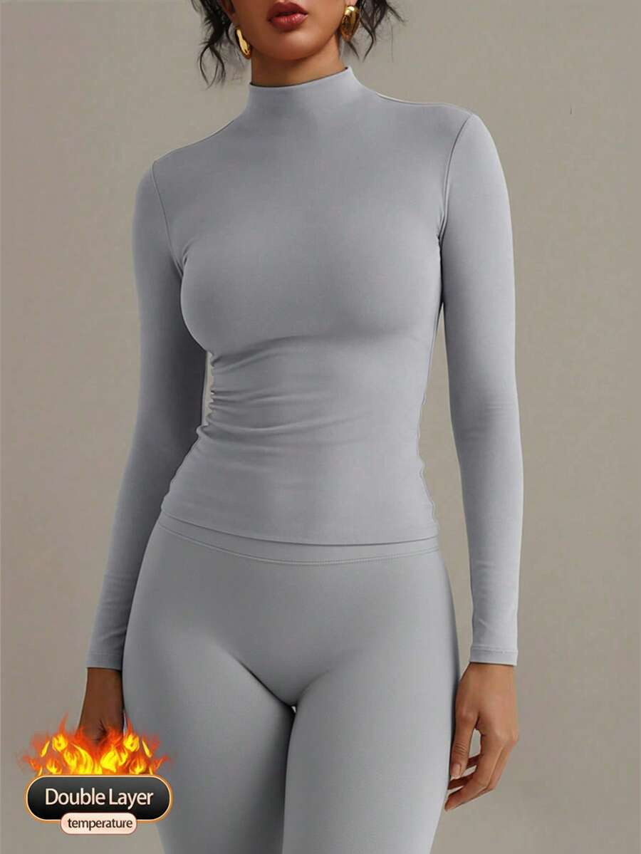 XLLAIS 2025 New Basic Long Sleeve High Neck T-Shirt, Double-Layer Elastic Tight Fit Top | SHEIN