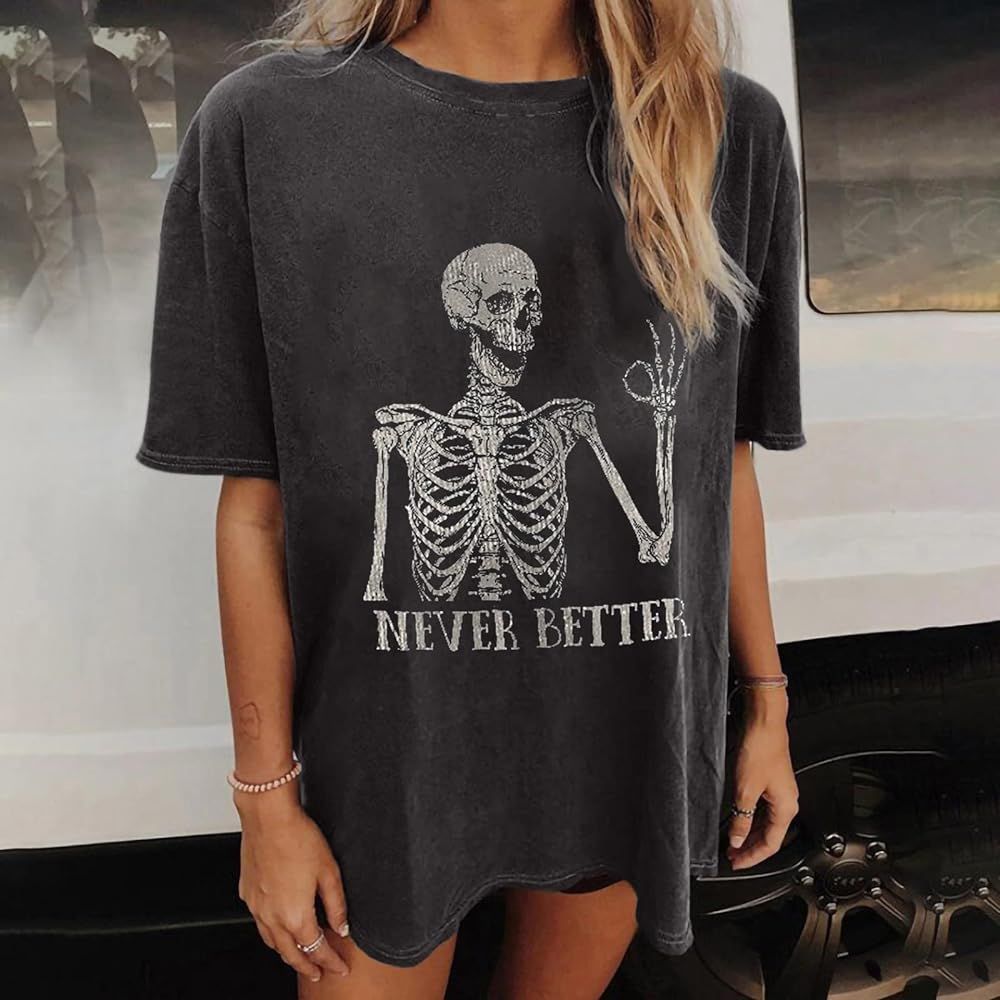 Western Halloween Shirts for Women Skeleton Graphic Tshirts Short Sleeve Grunge Clothes Oversized Lo | Amazon (US)