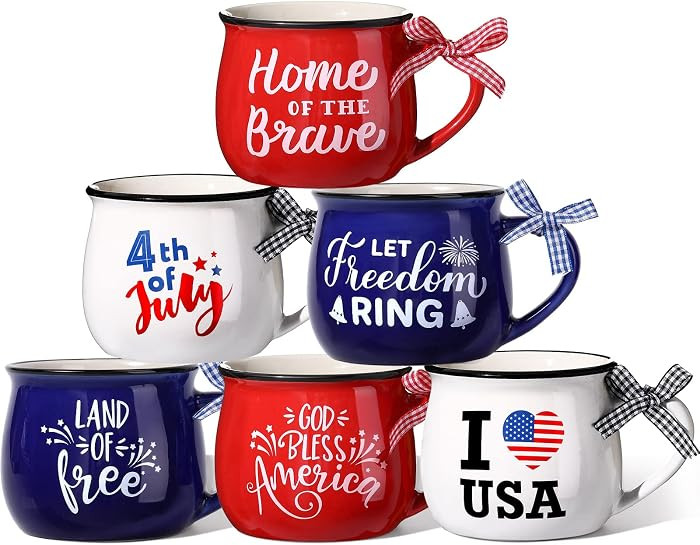 Zubebe 6 Pieces Patriotic Coffee Mugs 4th of July Ceramic Cups Tumbler Red White and Blue Hot Coc... | Amazon (US)