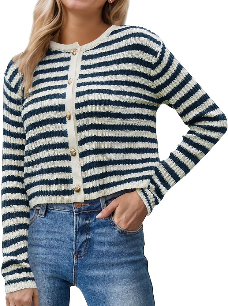 Womens Striped Cardigan Sweaters Button up Long Sleeve Fall Outfits Knit Sweater Cropped Cardigan... | Amazon (US)