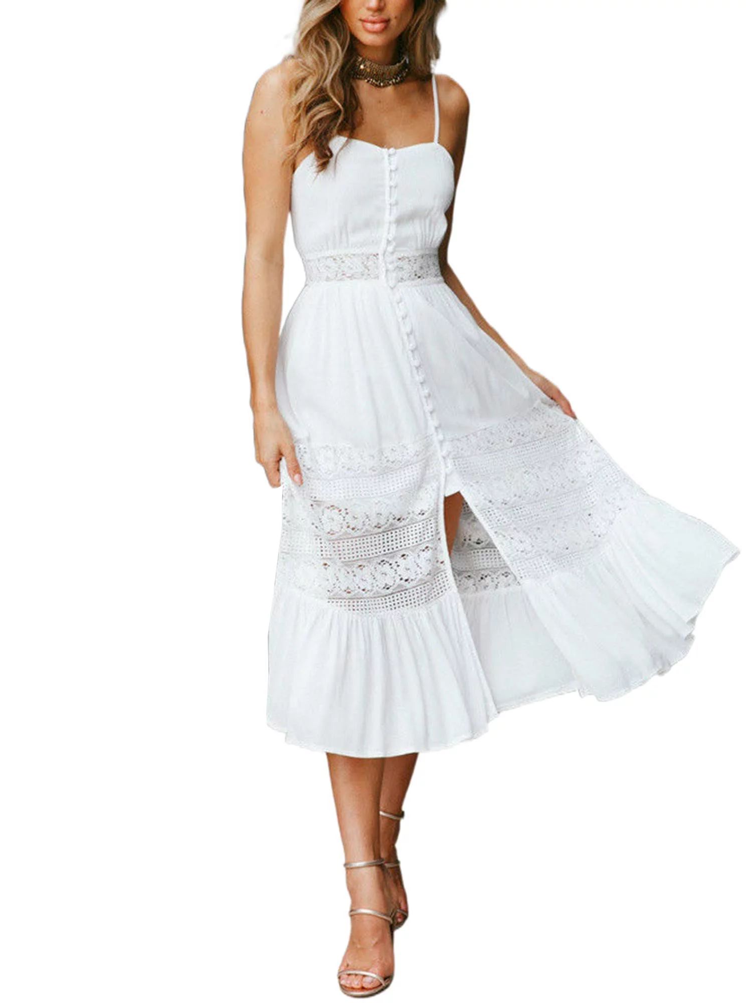 Musuos Women's Summer Backless Dresses Beach Boho Sleeveless Long Sundresses White - Walmart.com | Walmart (US)