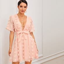 Swiss Dot Plunge Neck Belted Dress | SHEIN