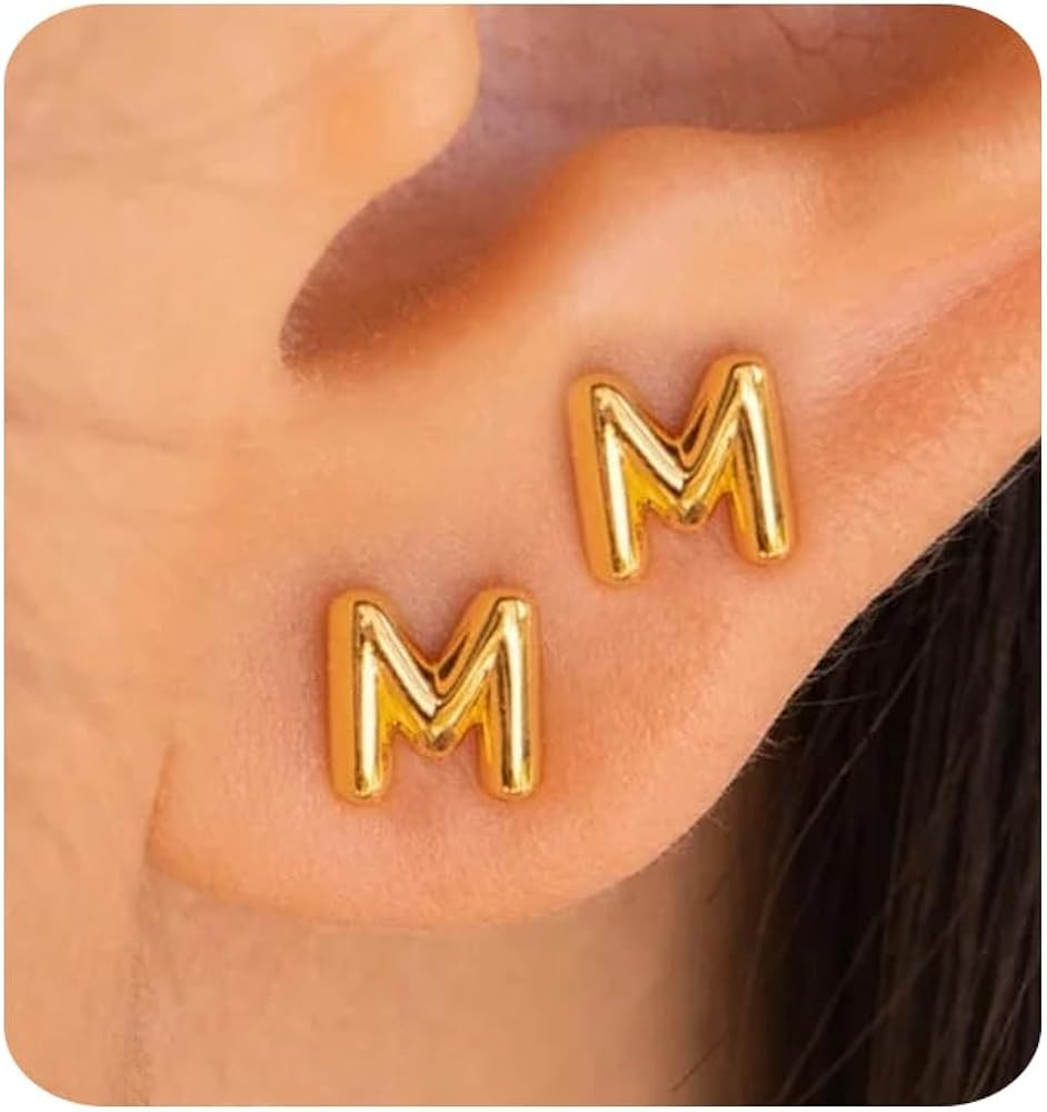 Gold Earrings for Women 14K Gold Cubic Zirconia Bubble Initial Letter Stud Earrings Trendy Simple... | Amazon (US)