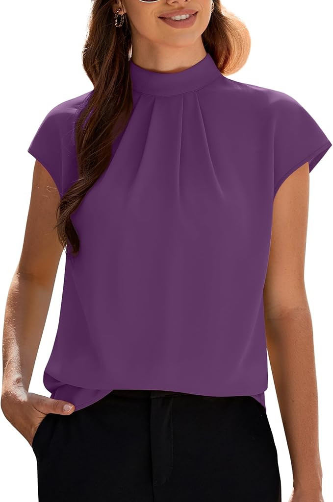 Funlingo Womens Summer Tops Mock Neck Short Cap Sleeve Blouses Business Casual Work Chiffon Shirt... | Amazon (US)