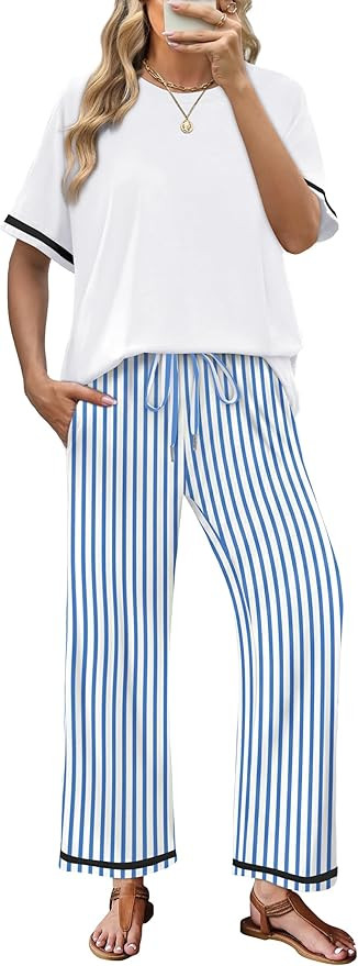 Sampeel 2 Piece Sets for Women Casual Summer Travel Vacation Outfits Short Sleeve Lounge Set | Amazon (US)