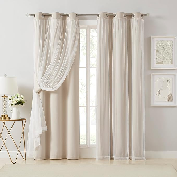 Bujasso Beige 90% Blackout Curtains with Sheer Overlay Mix and Match Double Layer Thermal Insulat... | Amazon (US)
