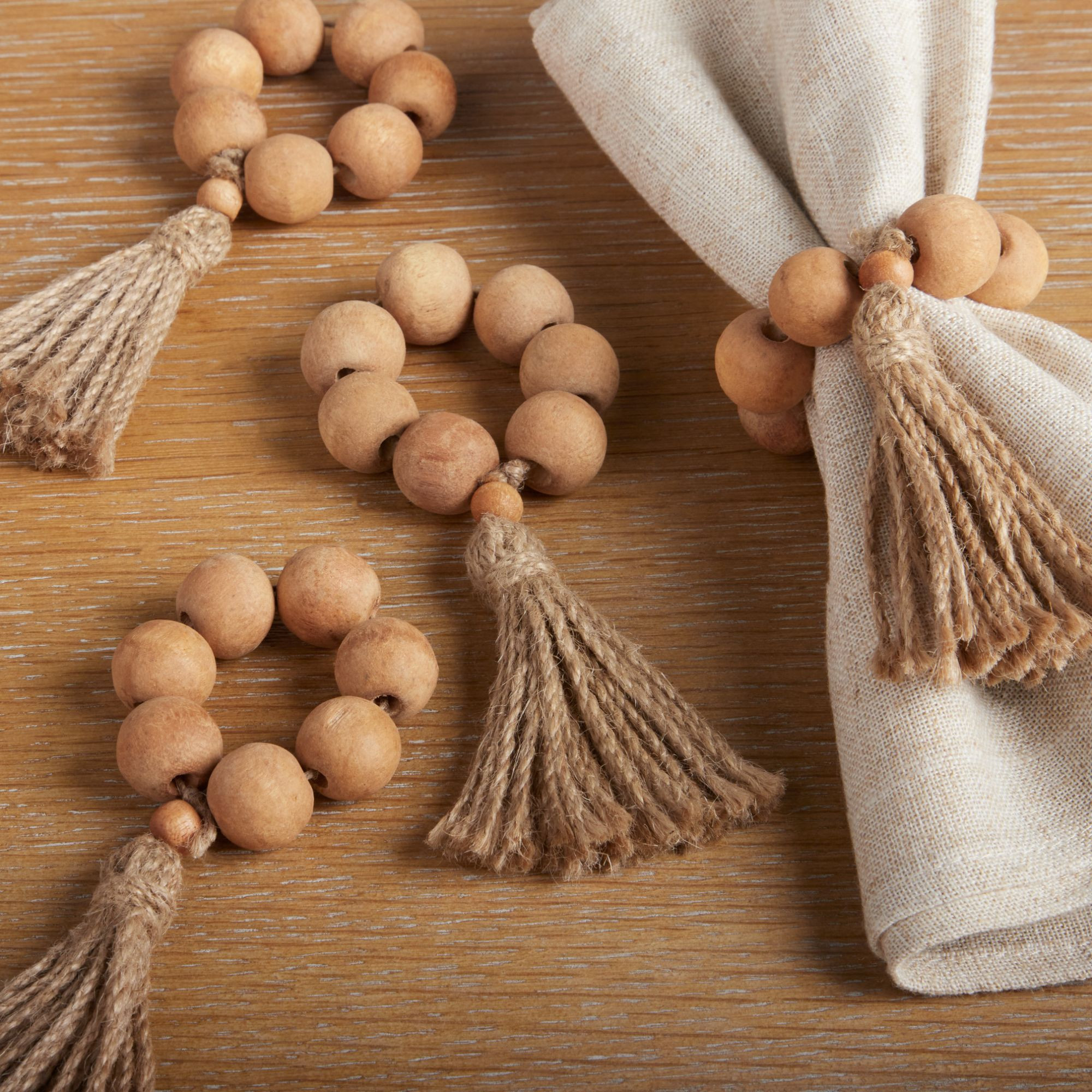 Better Homes & Garden Wood Bead and Tassel Napkin Rings, Natural, 2.5"W x 6"L, 4 Pieces | Walmart (US)