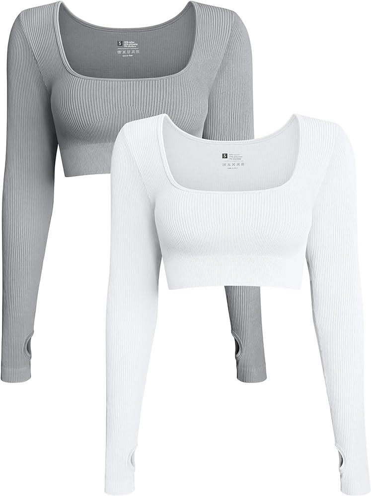 OQQ Women's 2 Piece Crop Top Ribbed Seamless Workout Exercise Long Sleeve Crop Tops | Amazon (US)