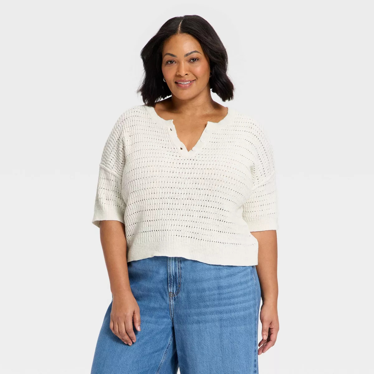 Women's Short Sleeve Button-Up Crewneck Pullover Sweater - Universal Thread™ Cream 3X | Target