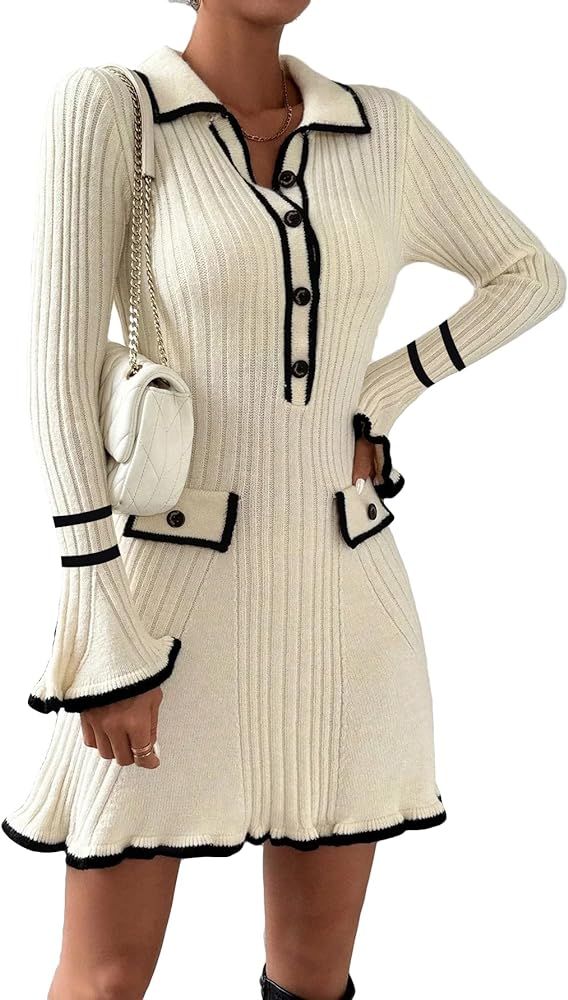 Ladyful Women's Sweater Mini Dress Long Sleeve Sexy Bodycon Button Front V-Neck Knit Pullover Dre... | Amazon (US)