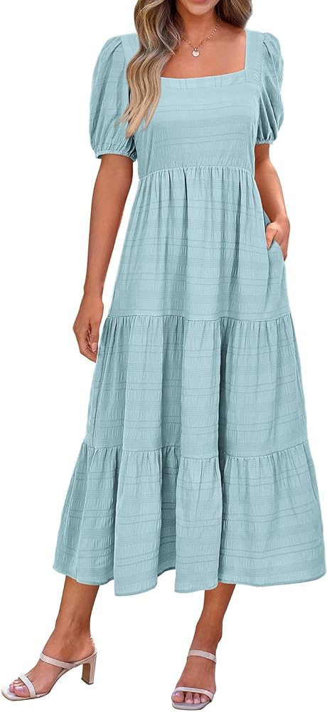 PRETTYGARDEN Women's Summer Dresses 2024 Puff Sleeve Square Neck High Waist Smocked A-Line Flowy ... | Amazon (US)