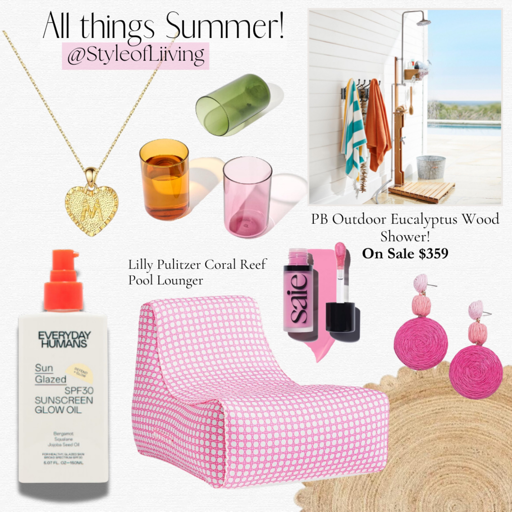 All things summer! Coral reef pool lounger, outdoor eucalyptus wood shower, pink earrings, sunscreen glow oil, necklaces, outdoor non breakage color drink-ware drinking glasses, round jute rug, lipstick gloss.

#LTKSaleAlert #LTKParties #LTKSeasonal