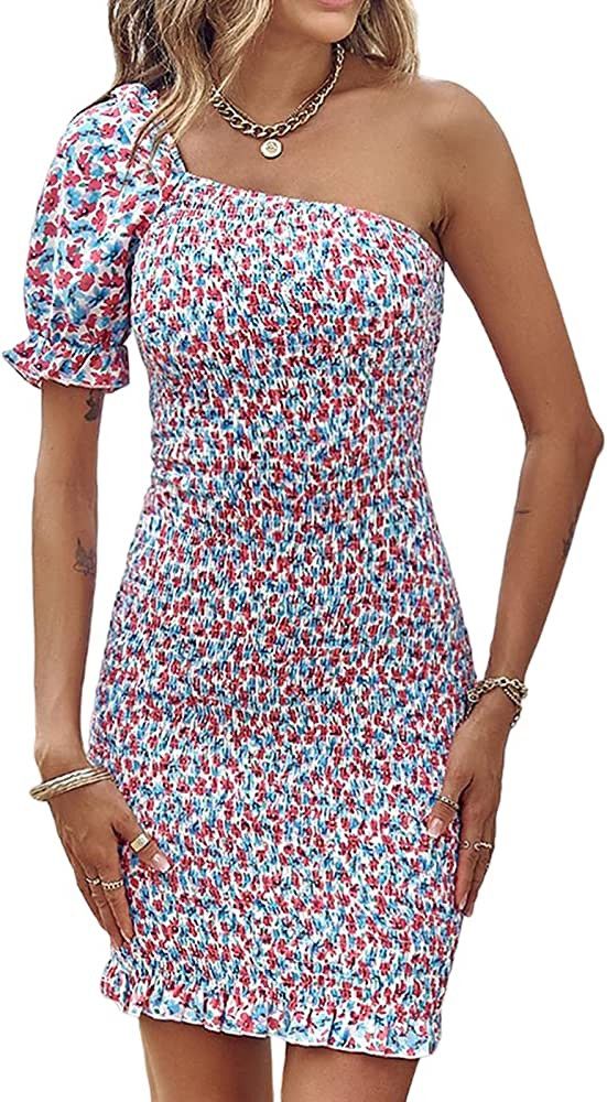 NALANISA 2023 Womens Summer Floral Smocked One Shoulder Dresses Short Sleeve Bodycon Mini Boho Ca... | Amazon (US)
