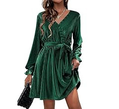 Women's Velvet Dress Wrap V Neck Flared Dress Long Lantern Sleeve Dresses with Belt Cocktail Part... | Amazon (US)