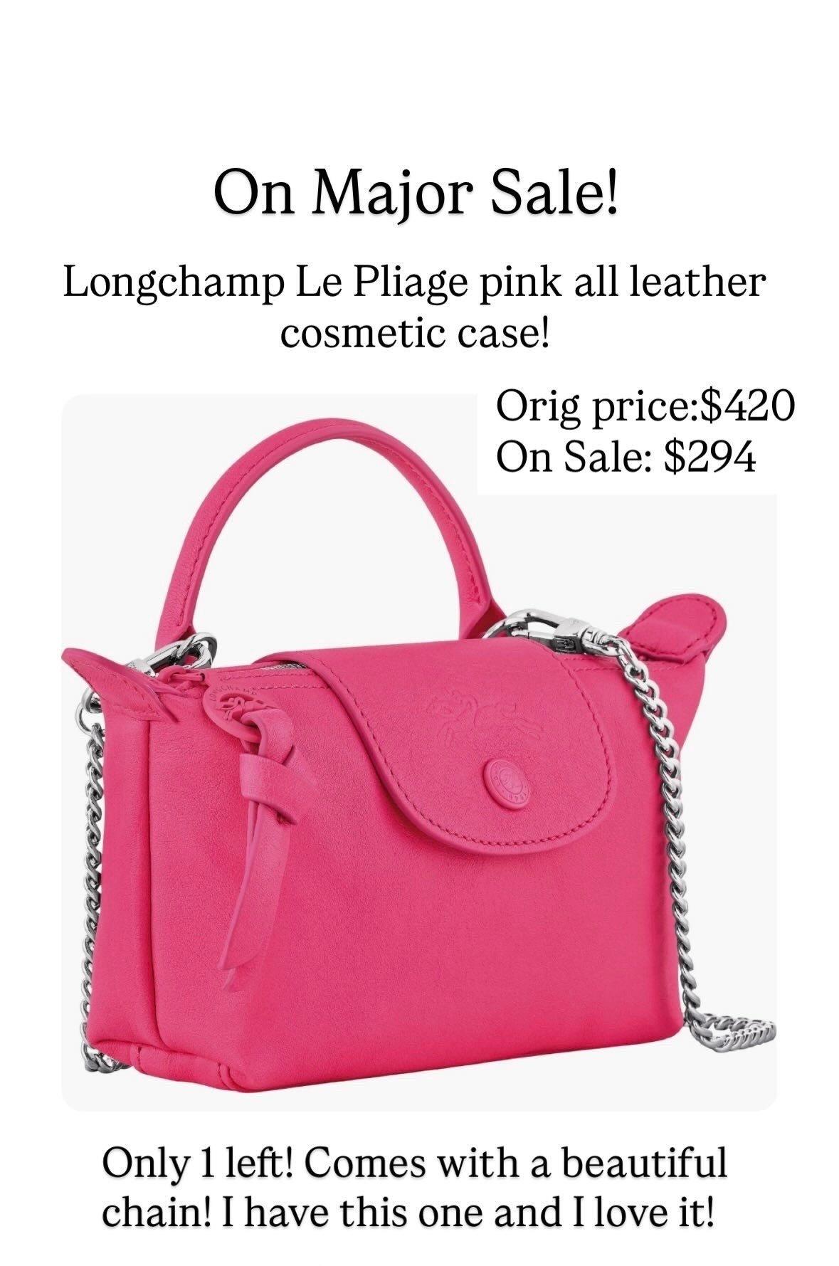 Such a great deal for a mini bag that holds so much! And especially for an all leather bag from Longchamp! This one is special because it comes with a crossbody beautiful chain which their other mini bags do not. You would have to get a conversion kit to make it a handbag with chain. Plus the zipper pull is also leather and the snap closure is also pink! Instead of a so black bag it’s a so pink bag! I have it and I love it! 💞💞

#LTKSaleAlert #LTKItBag #LTKSeasonal