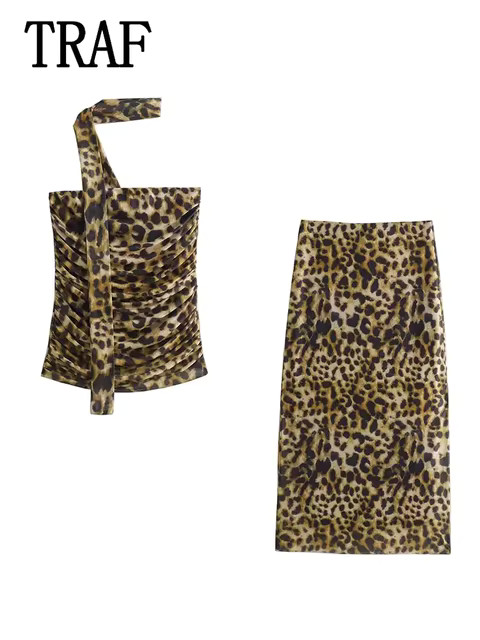 TRAF Leopard Printed Midi Skirt Sets Women 2 Piece Set Sexy Off-Shoulder Halterneck Tube Top Wome... | AliExpress (US)