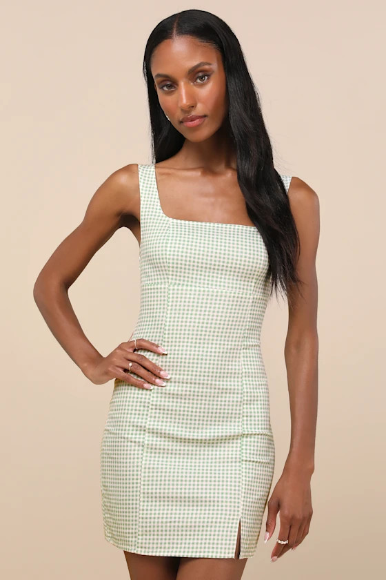 Happy Chance Sage Green Gingham Square Neck Mini Dress | Lulus