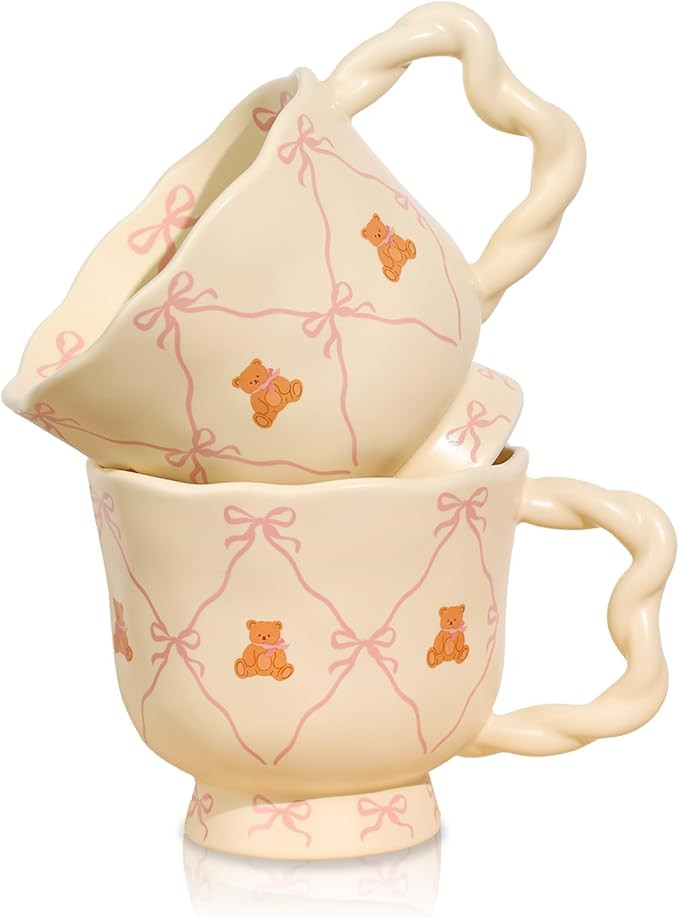 2 Pack Large Ceramic Coffee Mugs Cute Bear Pink Bow Mugs 18 oz Drinking Mug Funny Novelty Cups fo... | Amazon (US)