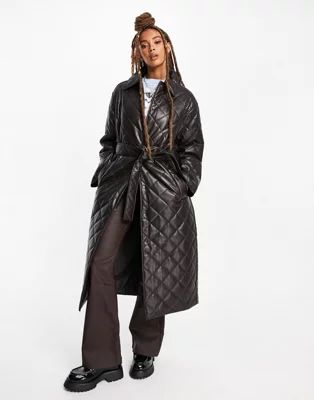 ASOS DESIGN hero faux leather quilted trench coat in brown | ASOS (Global)