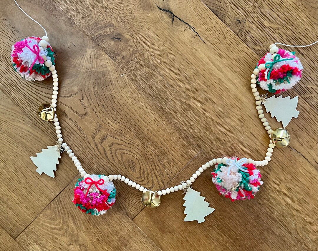 Holiday Pom Pom Wood Bead Garland Home Decor for Mantel - Etsy | Etsy (US)