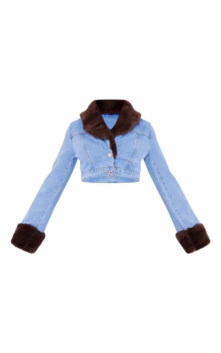 Light Blue Wash Fur Trim Cropped Denim Jacket | Pretty Little Thing (Australia & New Zealand)
