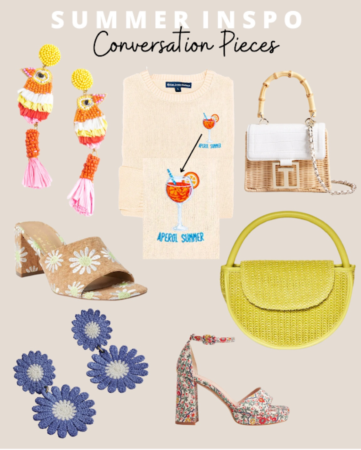 Summer Conversation Pieces: bird statement earrings, aperol spritz pullover sweater, bamboo handle purse, neon circle statement purse, floral block heels, daisy statement earrings, daisy heel slides

#LTKstyletip #LTKSeasonal #LTKitbag