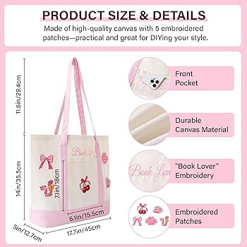 Canvas Tote Bag for Women, Book Lover Tote Bag with 5 Embroidery Patches Reusable Grocery Shoppin... | Amazon (US)