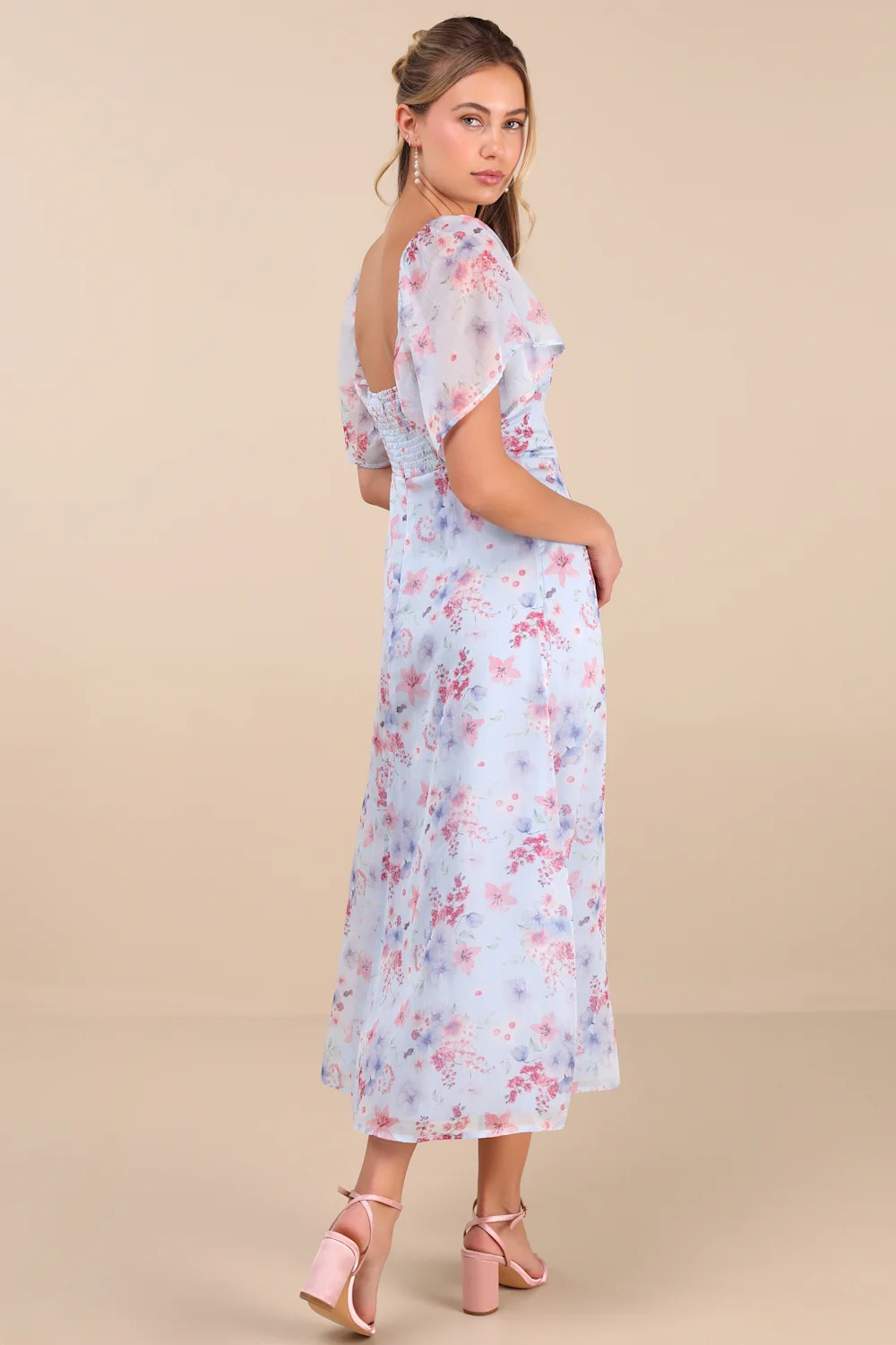 Valla Light Blue Floral Flutter Sleeve Midi Dress | Lulus