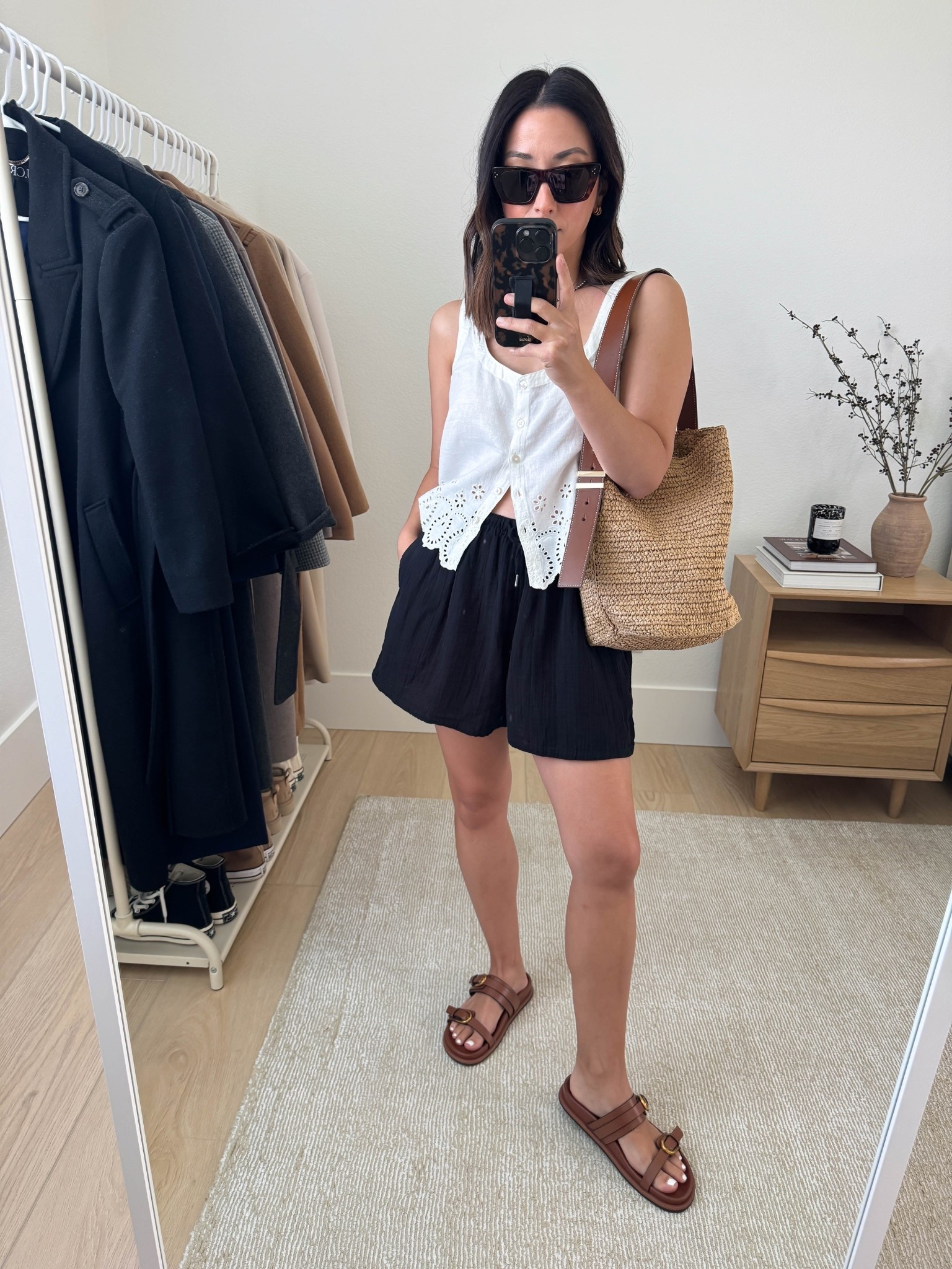 Zara slide sandals. A great replacement for Birks. These are very comfy and elevated with thinner straps. 

Gap tank xs
Gap shorts xs
Zara slides 5
J.crew bucket bag
Celine sunglasses 
Dorsey James necklace 15”
J.crew earrings 

#LTKStyleTip #LTKPetite #LTKItBag