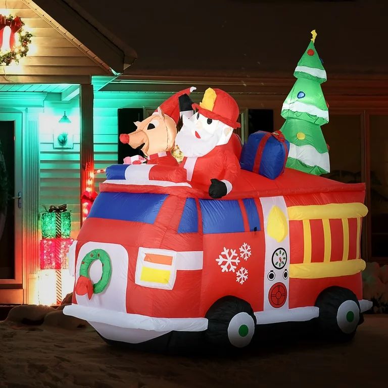 HOMCOM 7FT Christmas Inflatables Santa Claus and Reindeer, Fire Truck | Walmart (US)
