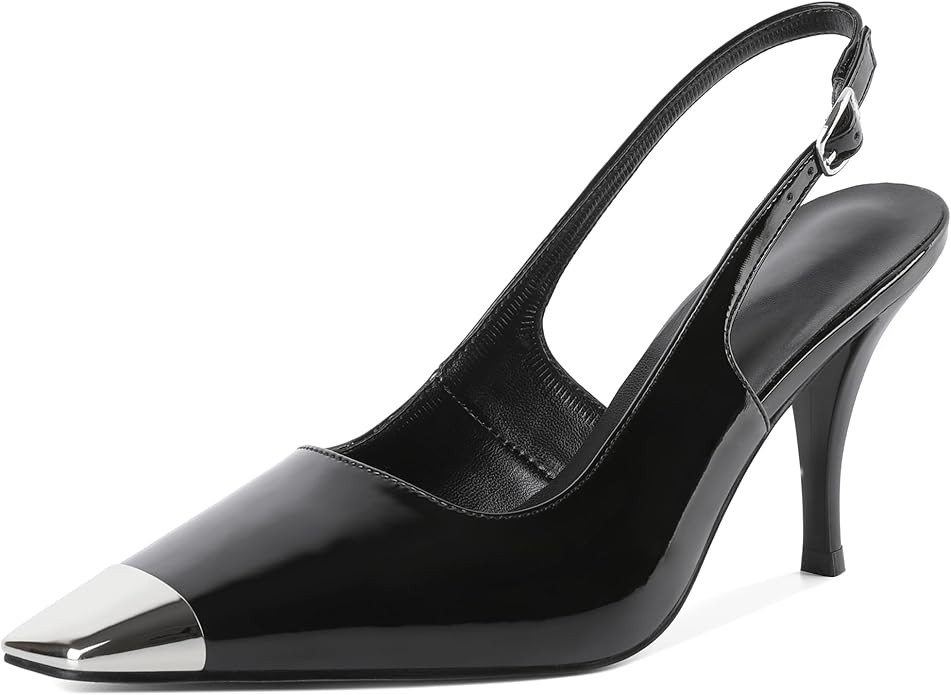 YODEKS Women's Slingback Heels Silver Cap Toe Heels High Heel Pumps 3.5 Inch Two Toned Shoes US S... | Amazon (US)