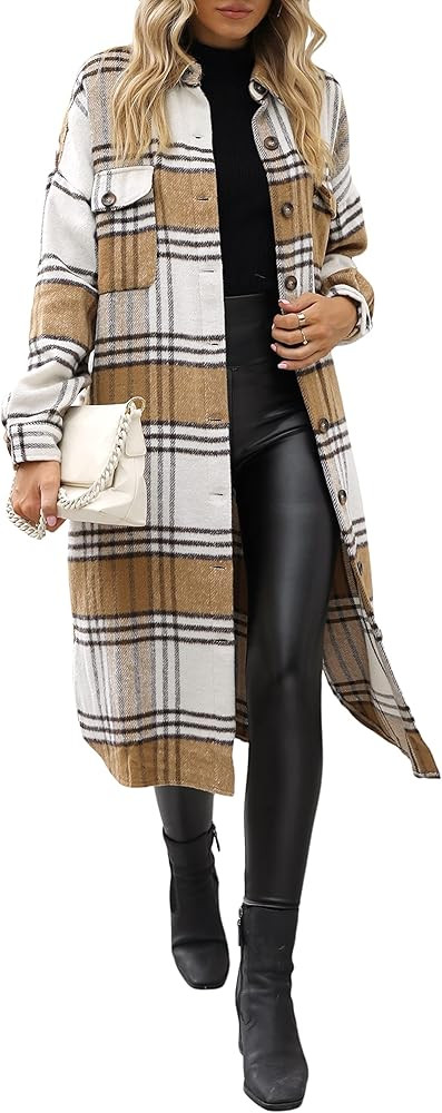 UANEO Plaid Coat Women Button Down Long Plaid Jacket Fall Flannel Trench Coat | Amazon (US)