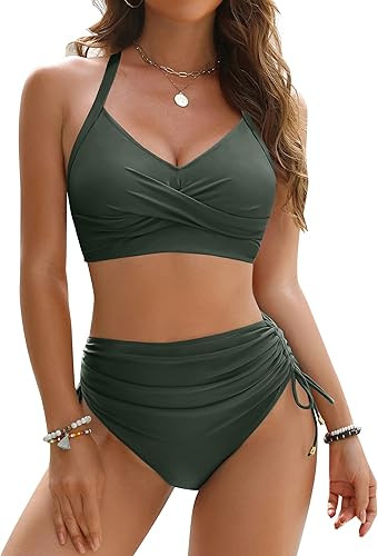 Amazon.com: Blooming Jelly Womens High Waisted Bikini Sets Tummy Control Swimsuits Tie Back 2 Pie... | Amazon (US)