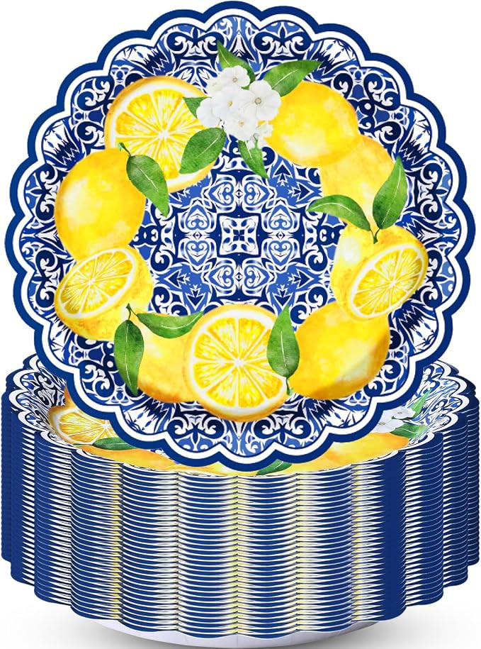 Vesici 100 Pcs Capri Lemon Paper Plates 7'' Scalloped Blue Tiles Yellow Lemon Party Decorations D... | Amazon (US)