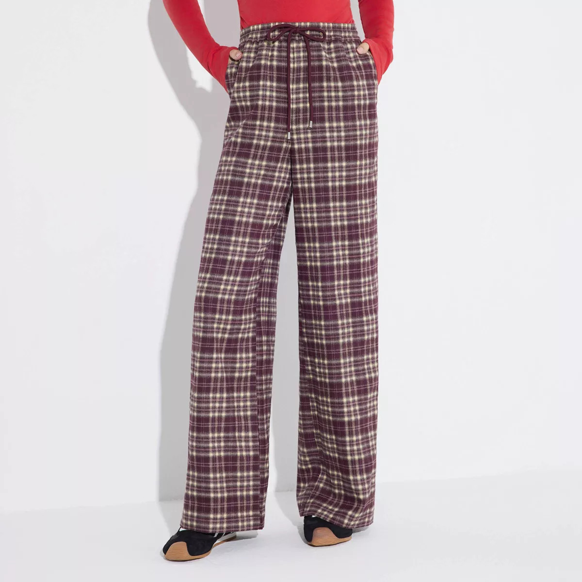 Women's Mid-Rise Wide Leg Pull-On Pants - Wild Fable™ Red/Black Plaid XXL | Target