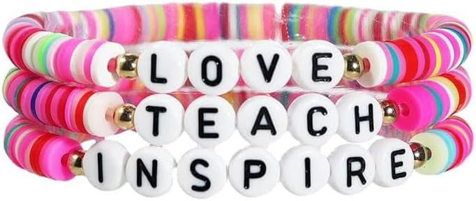 Handmade Teacher Appreciation Stackable Bracelets Colorful Solf Clay Love Teach Inspire Letter Be... | Amazon (US)