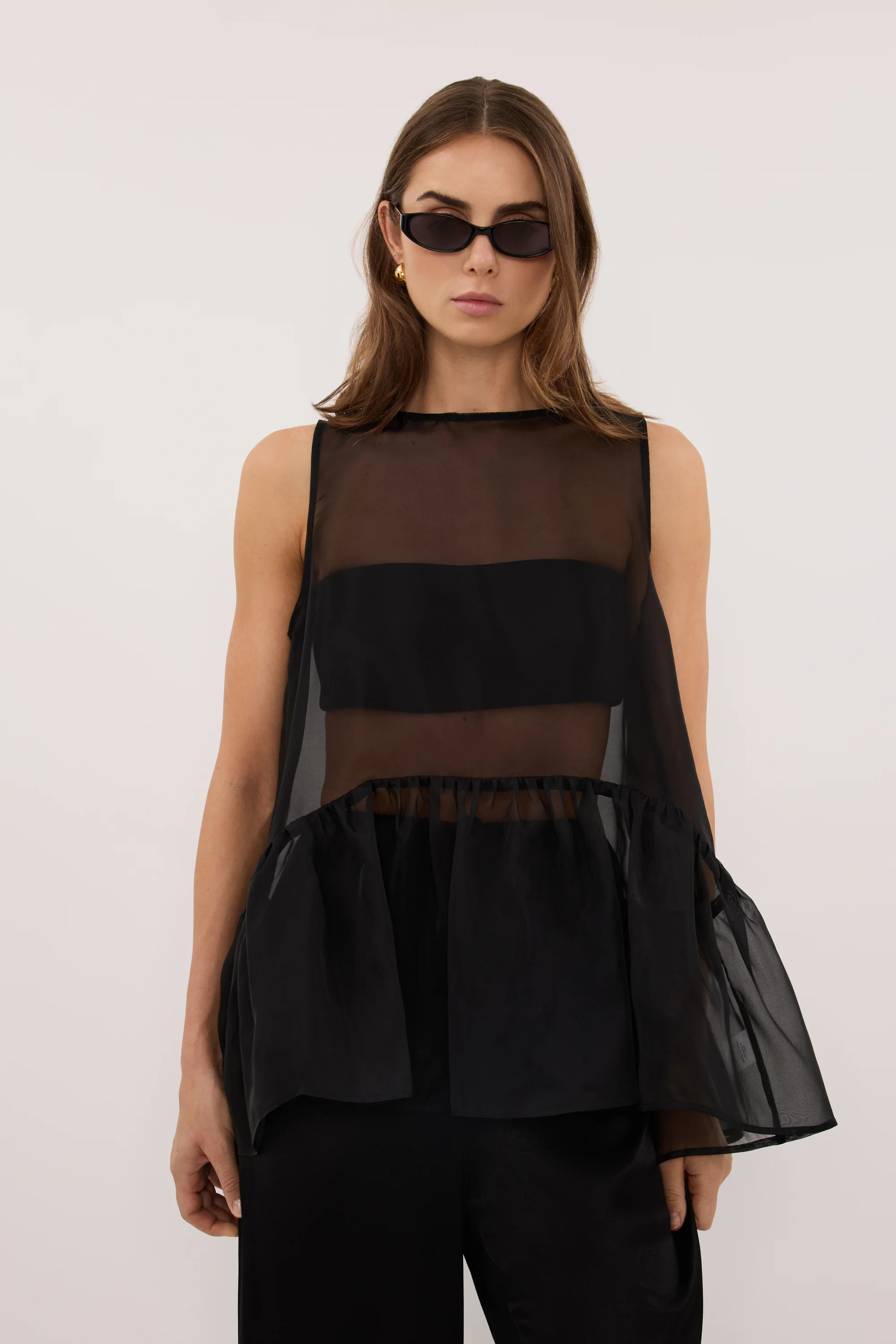 SIAN BLACK ORGANZA DROP WAIST TOP | DISSH
