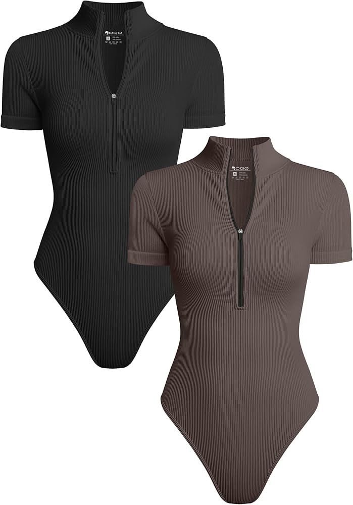 OQQ Women's 2 Piece Bodysuits Sexy Ribbed One Piece Short Sleeve Zip Front Bodysuits | Amazon (US)